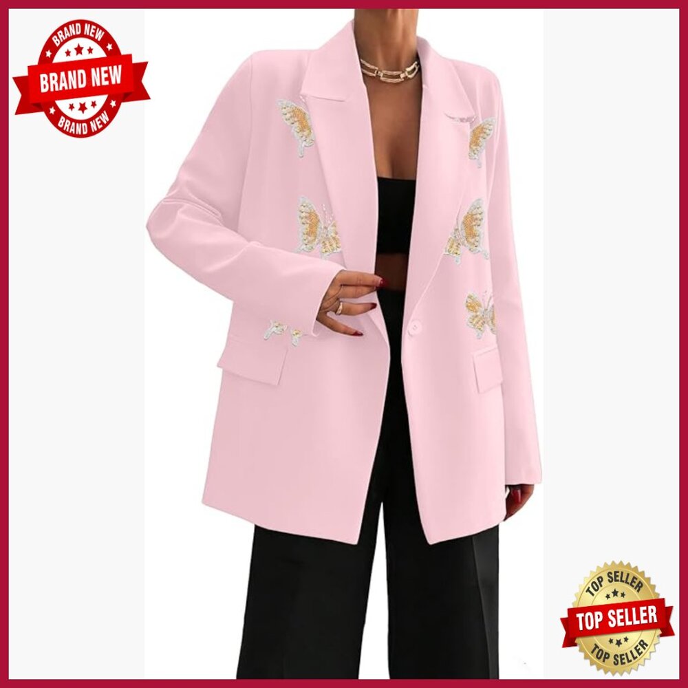 Women's Notch Collar Blazer With Butterfly Appliques, Business Casual Office